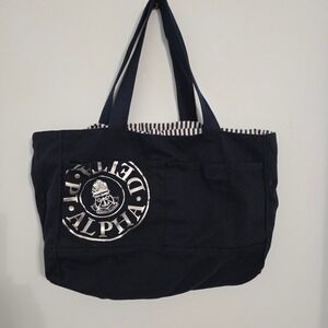 Alpha Delta Pi Sorority Navy Canvas Tote Bag Silver Foil Crest Striped Lining